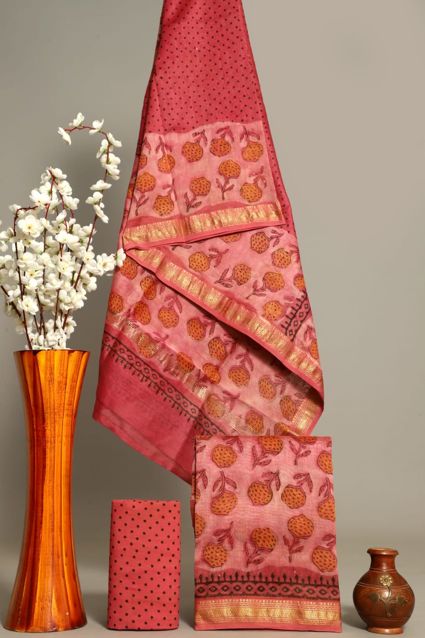 Handblock Printed Pure Kota Doria red Suit Set with Cotton Pajama