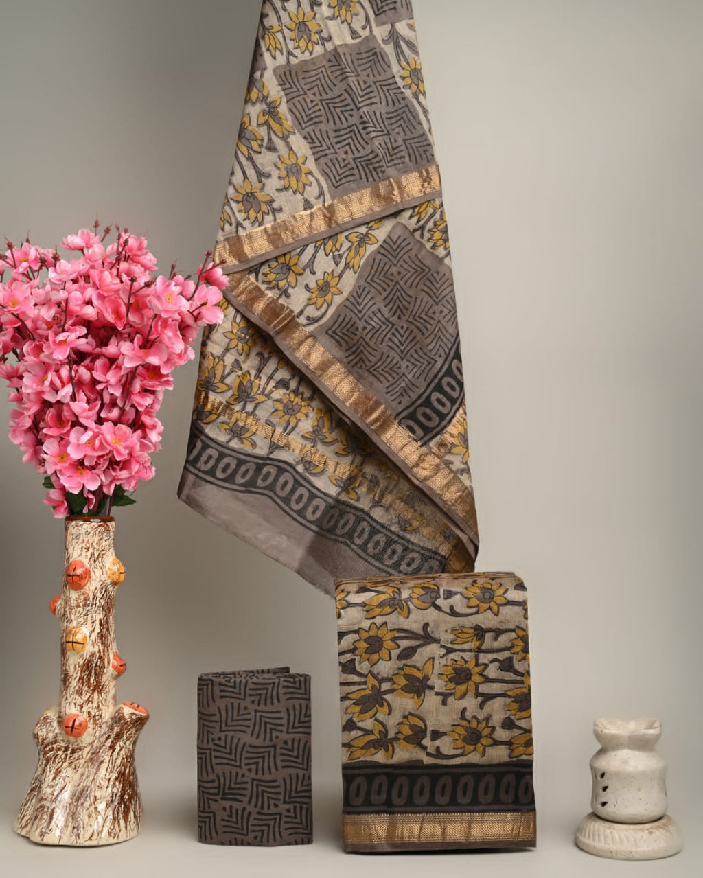 Handblock Printed Pure Kota Doria grey Suit Set with Cotton Pajama