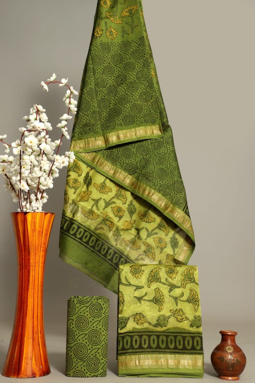Handblock Printed Pure Kota Doria green Suit Set with Cotton Pajama