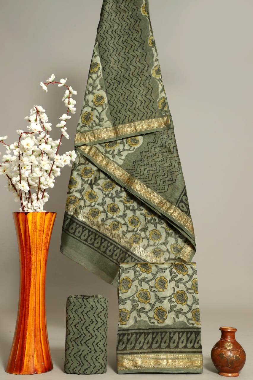Handblock Printed Pure Kota Doria green Suit Set with Cotton Pajama