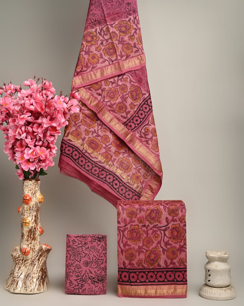 Handblock Printed Pure Kota Doria pink Suit Set with Cotton Pajama
