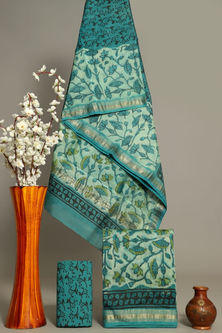 Handblock Printed Pure Kota Doria blue Suit Set with Cotton Pajama