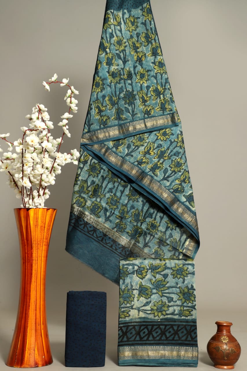 Handblock Printed Pure Kota Doria blue Suit Set with Cotton Pajama