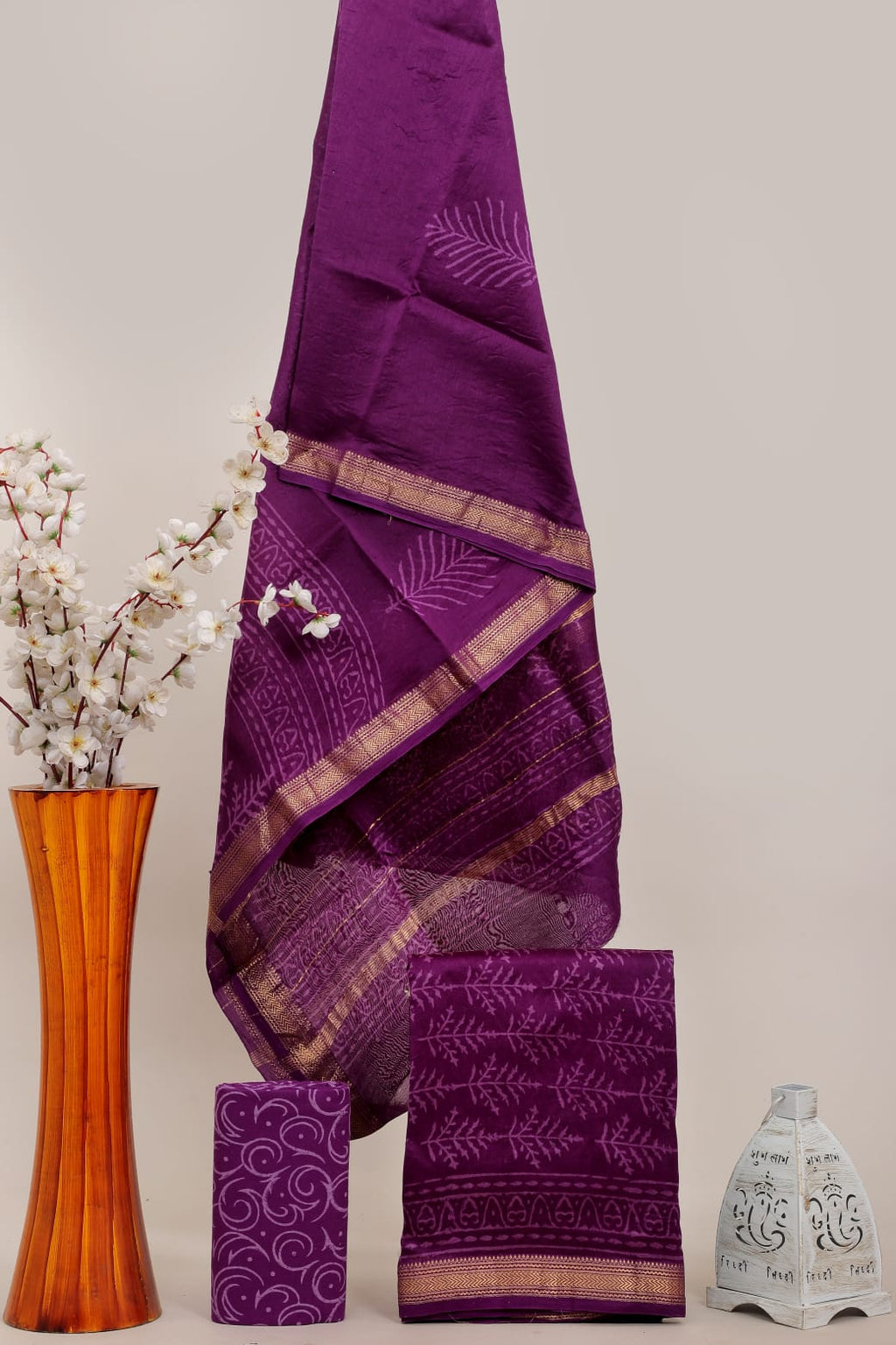 Handblock Printed Pure Kota Doria purple Suit Set with Cotton Pajama