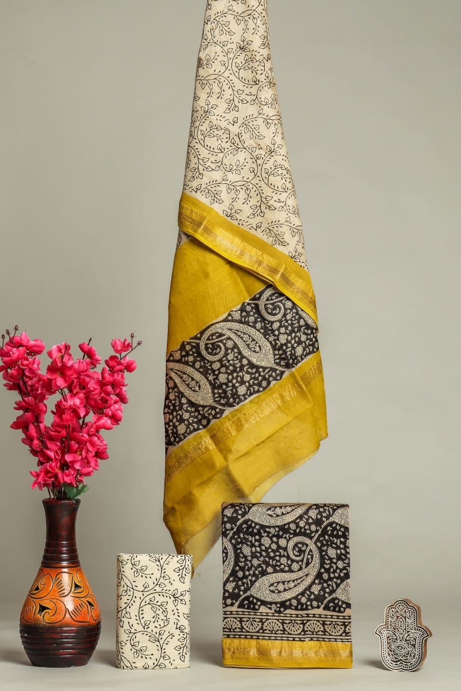 Handblock Printed Pure Kota Doria yellow Suit Set with Cotton Pajama