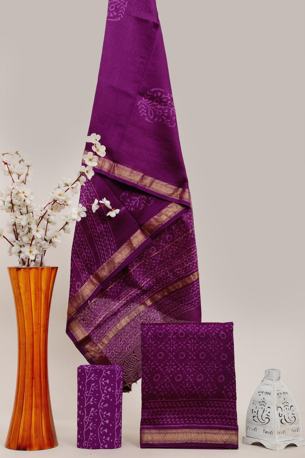 Handblock Printed Pure Kota Doria purple Suit Set with Cotton Pajama