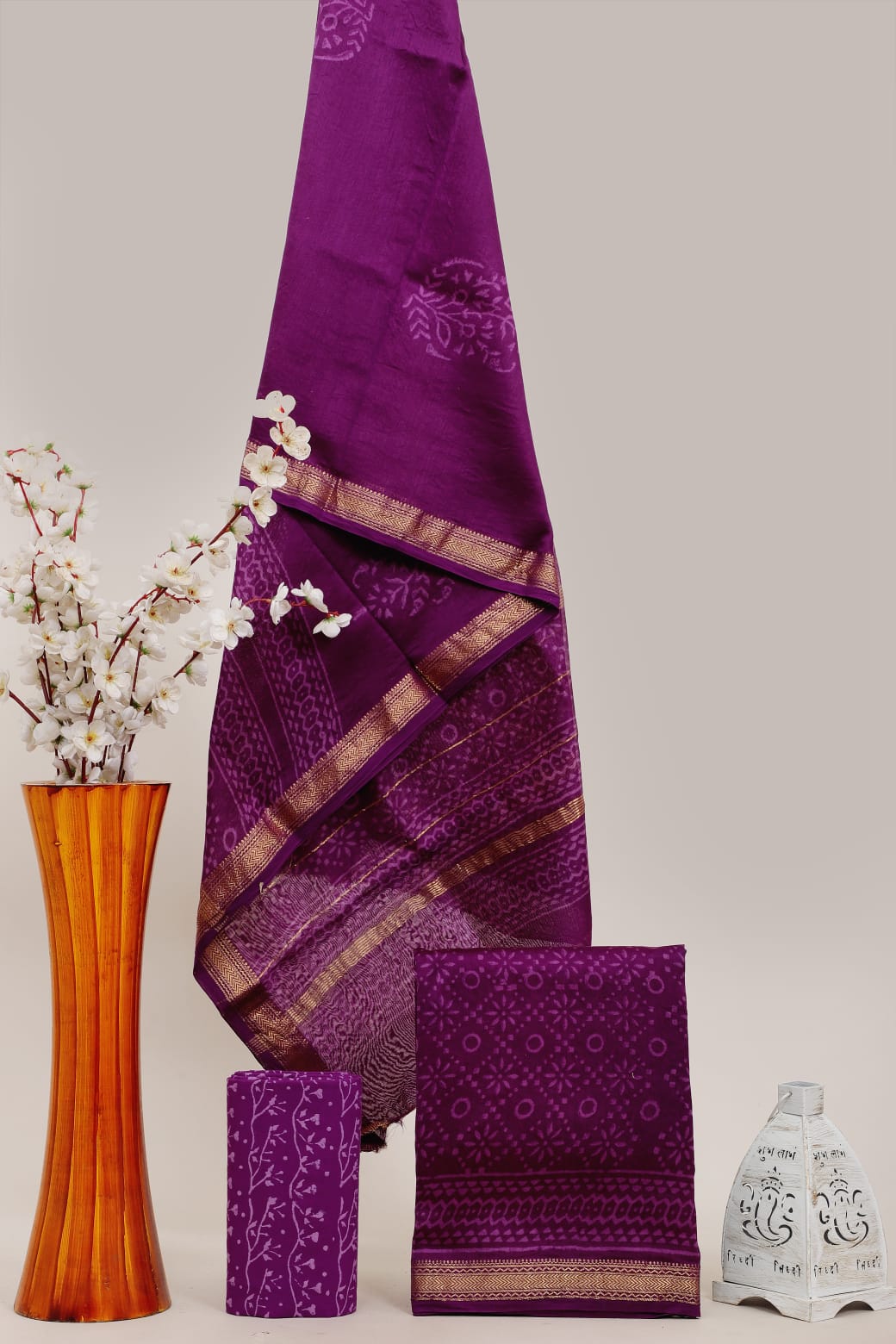 Handblock Printed Pure Kota Doria purple Suit Set with Cotton Pajama