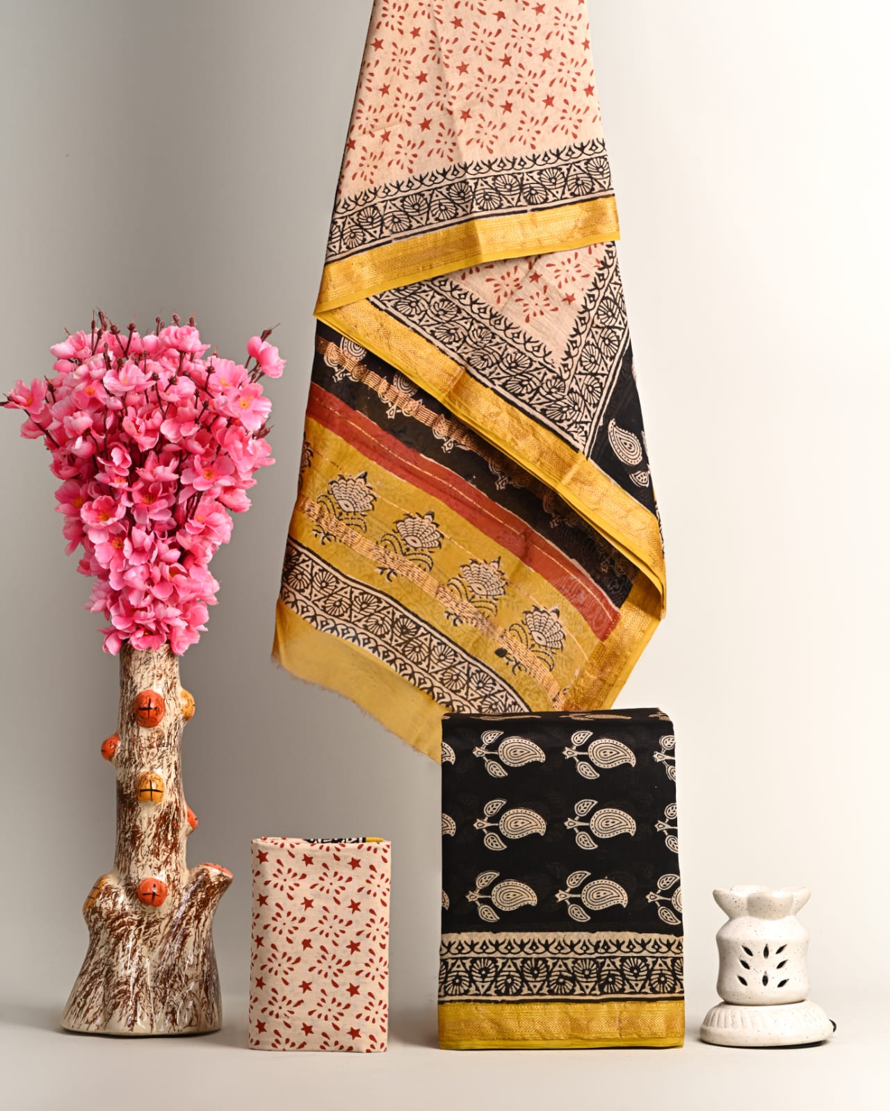 Handblock Printed Pure Kota Doria yellow Suit Set with Cotton Pajama