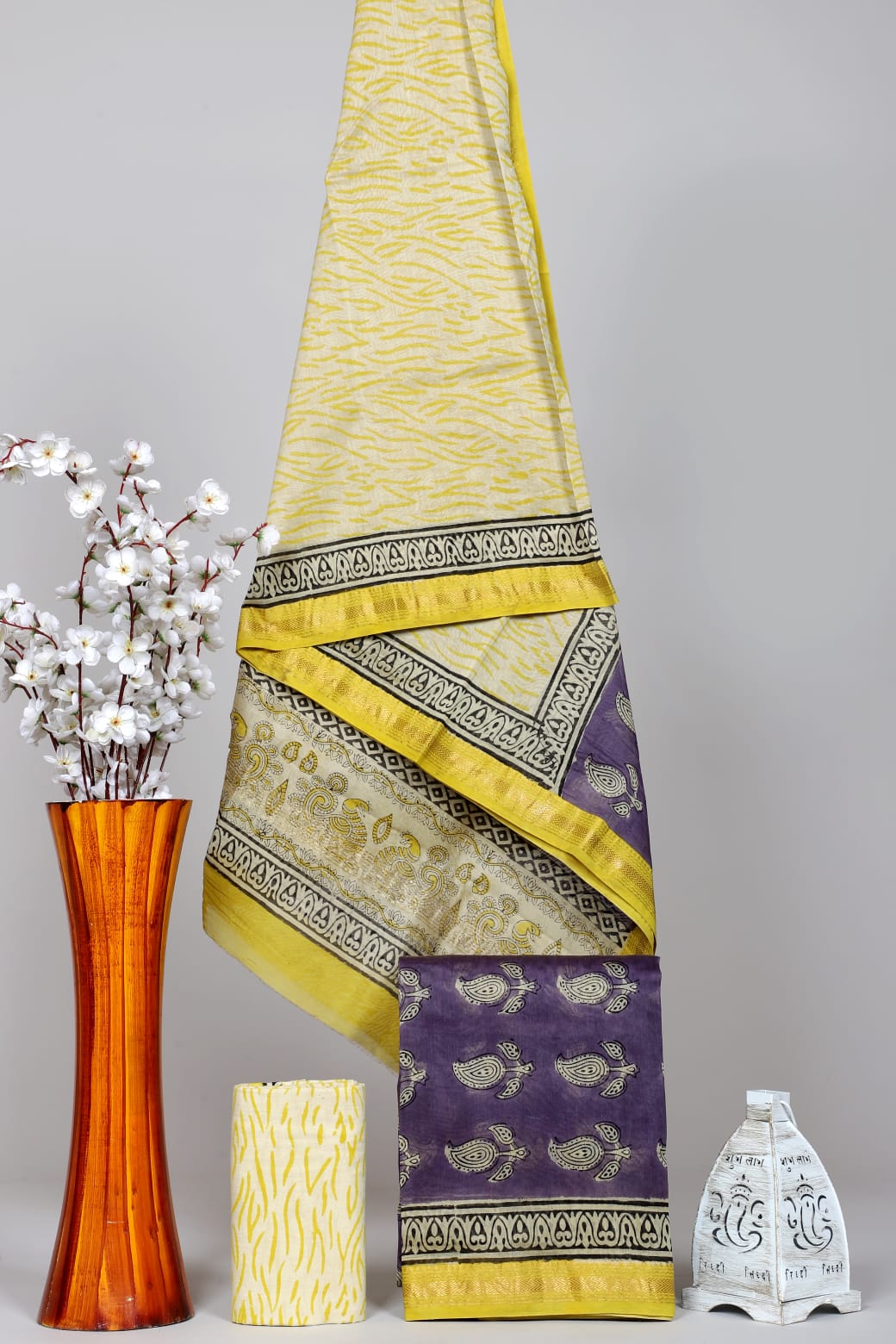 Handblock Printed Pure Kota Doria yellow Suit Set with Cotton Pajama