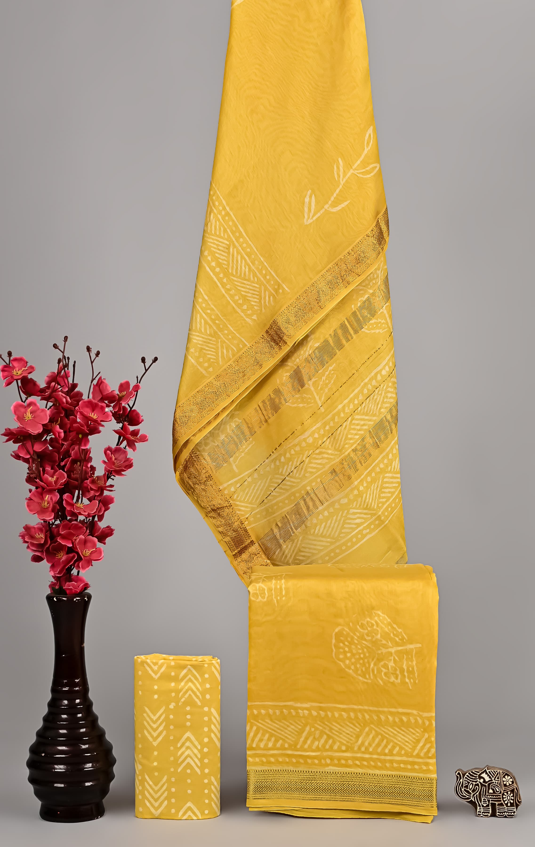 Handblock Printed Pure Kota Doria yellow Suit Set with Cotton Pajama