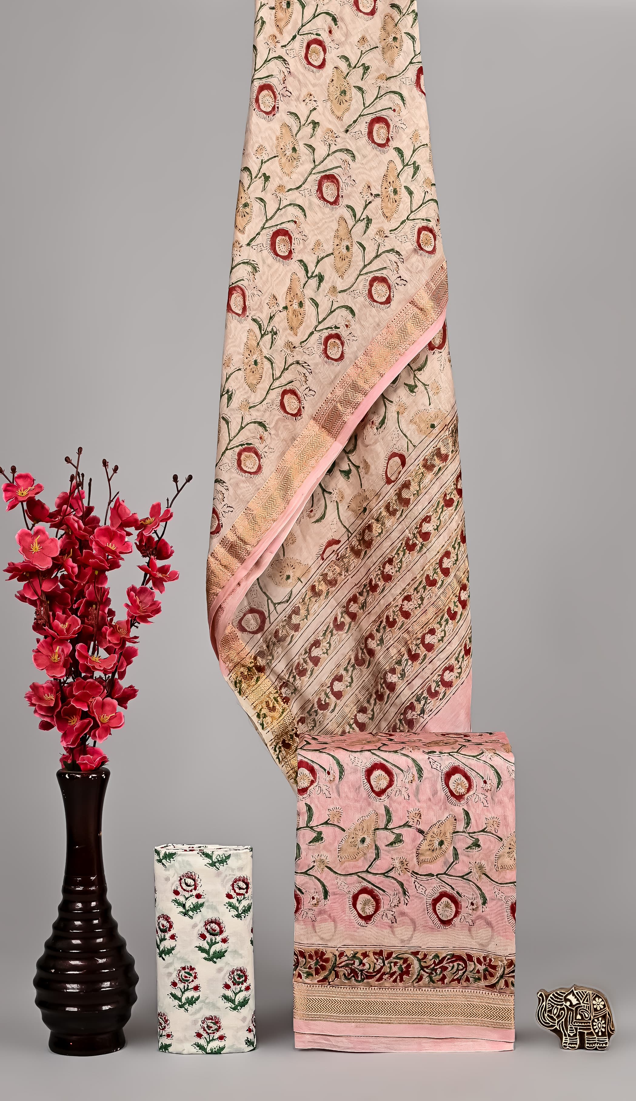 Handblock Printed Pure Kota Doria pink Suit Set with Cotton Pajama