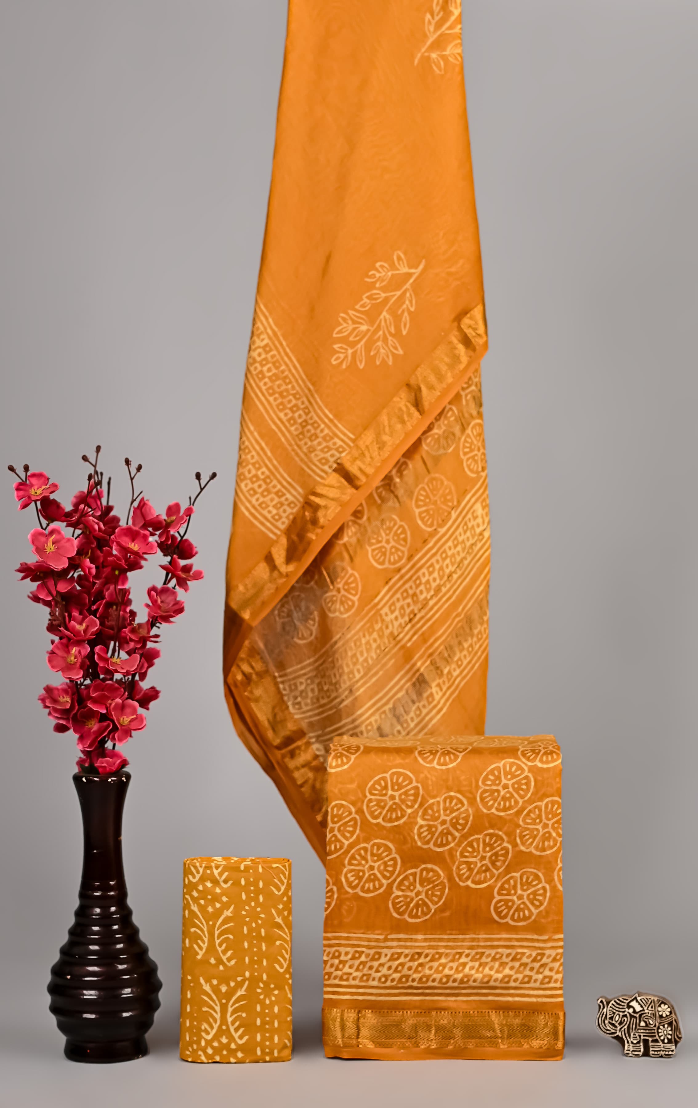 Handblock Printed Pure Kota Doria yellow Suit Set with Cotton Pajama