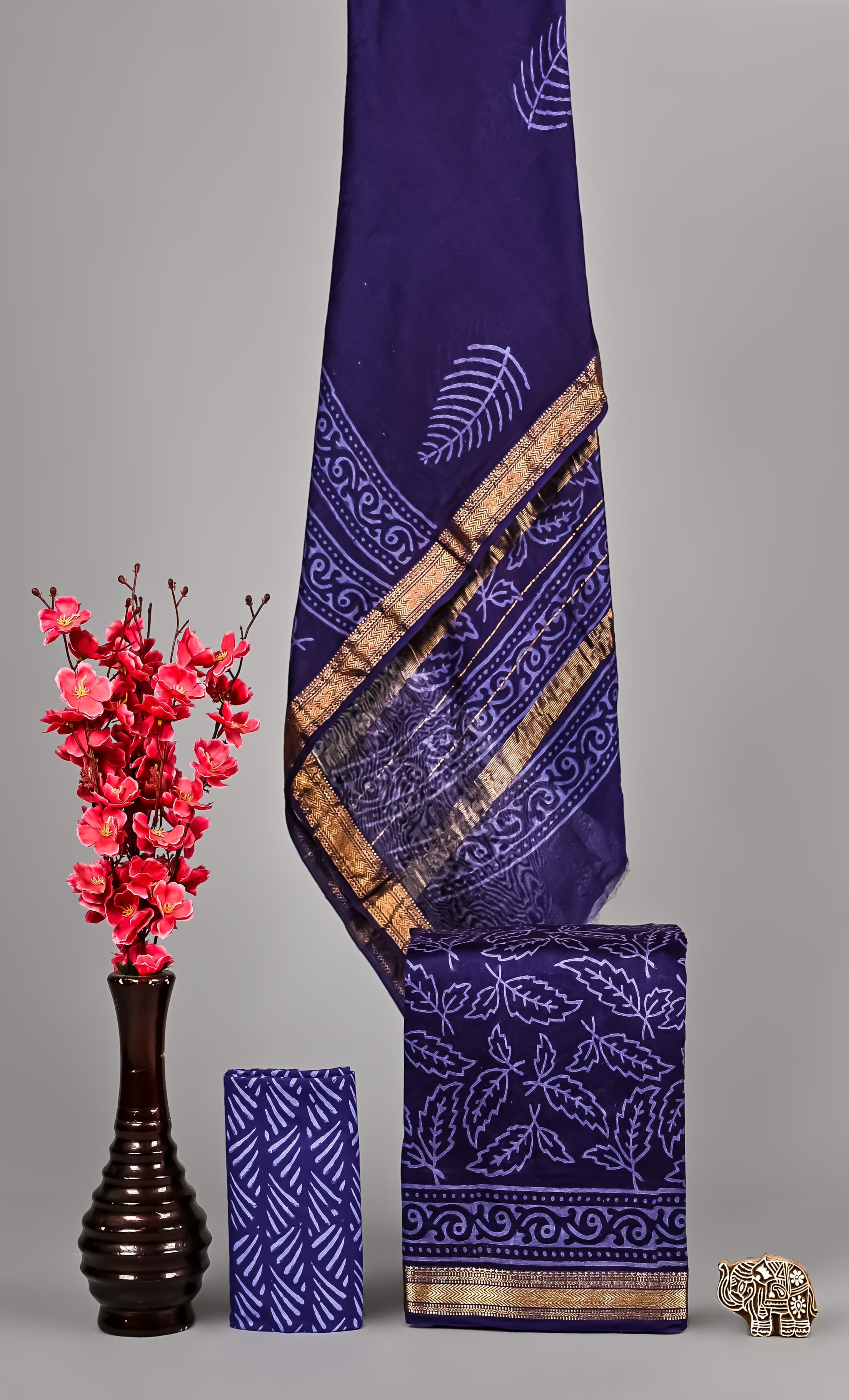 Handblock Printed Pure Kota Doria blue Suit Set with Cotton Pajama