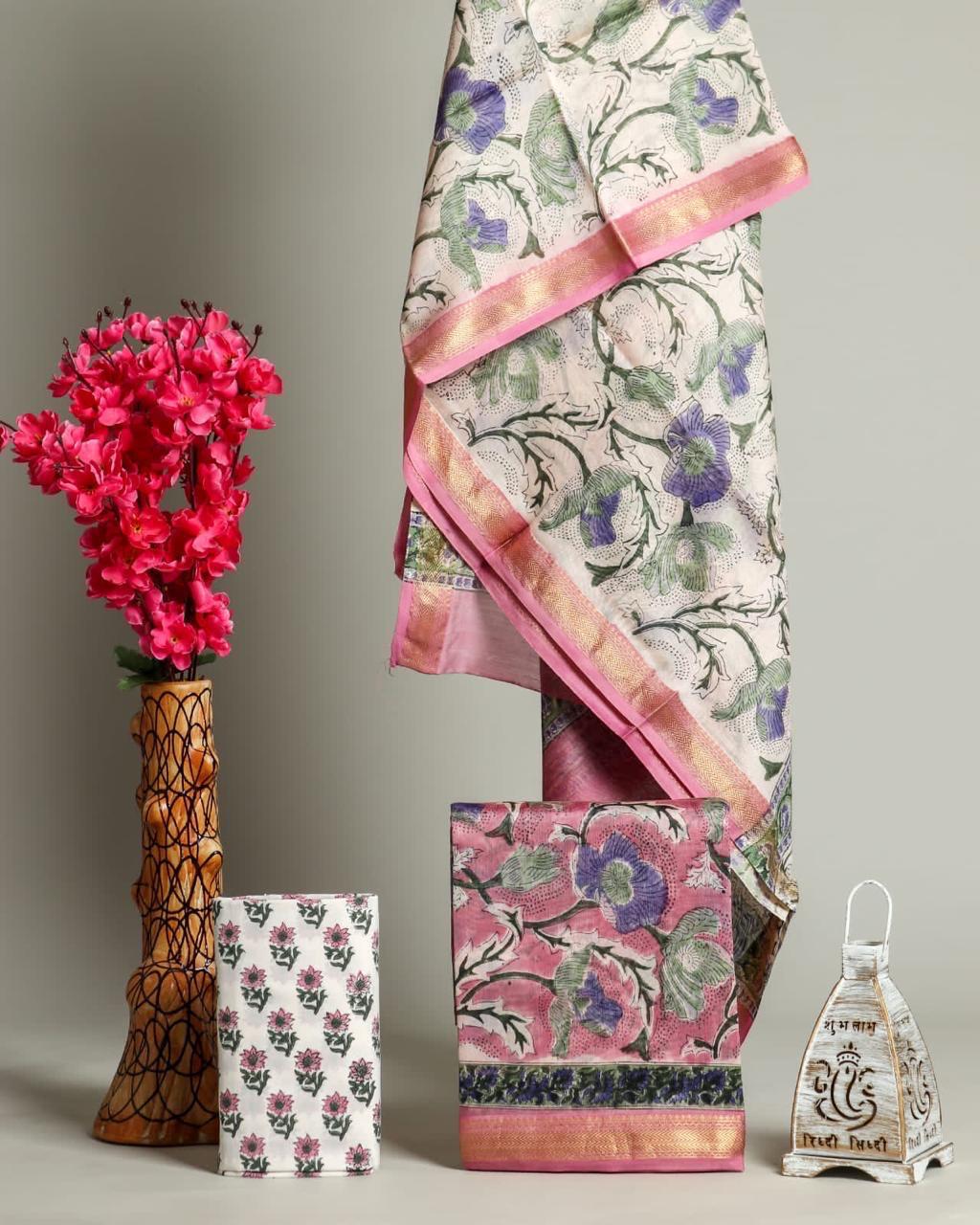 Handblock Printed Pure Kota Doria pink Suit Set with Cotton Pajama