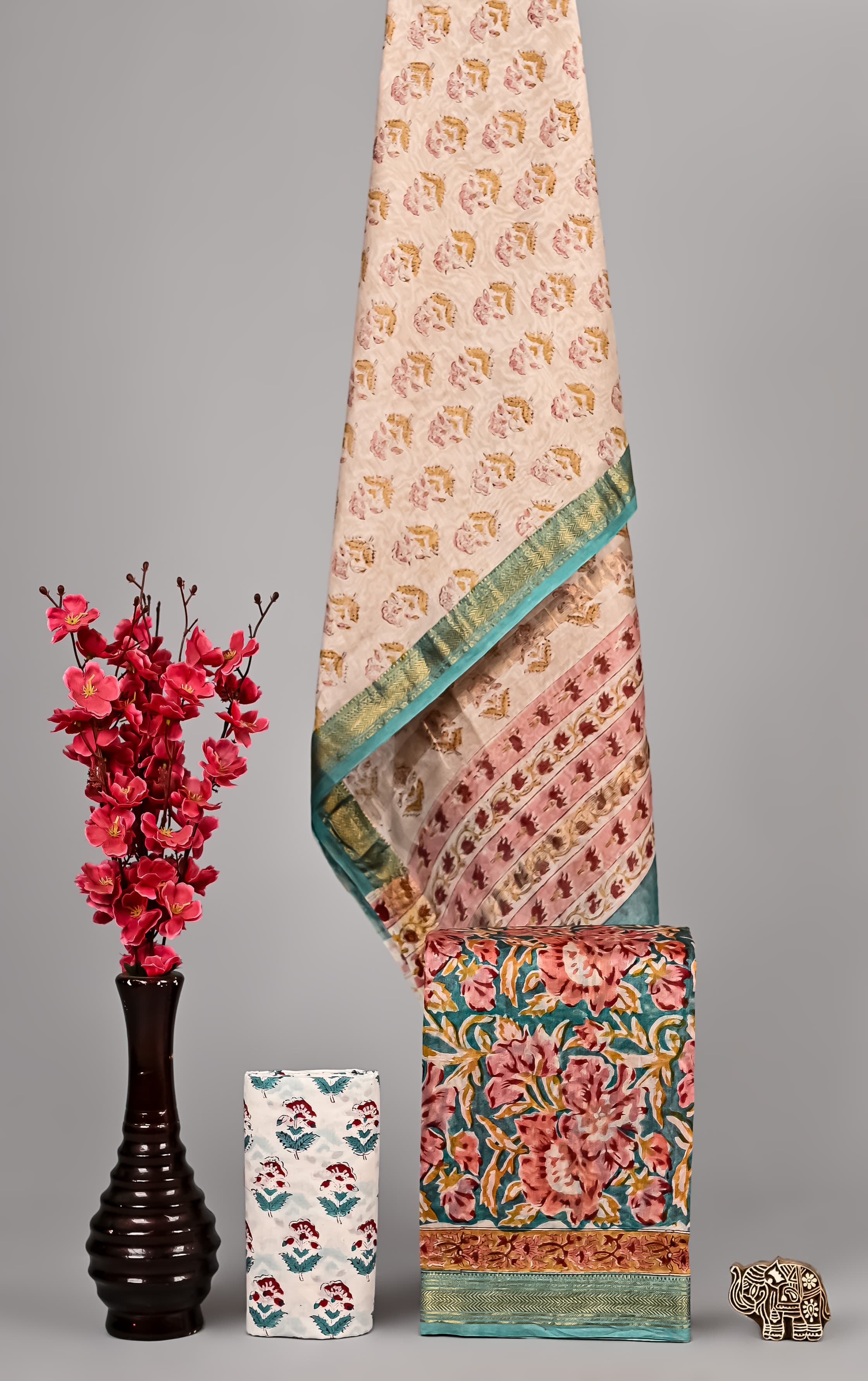 Handblock Printed Pure Kota Doria pink Suit Set with Cotton Pajama