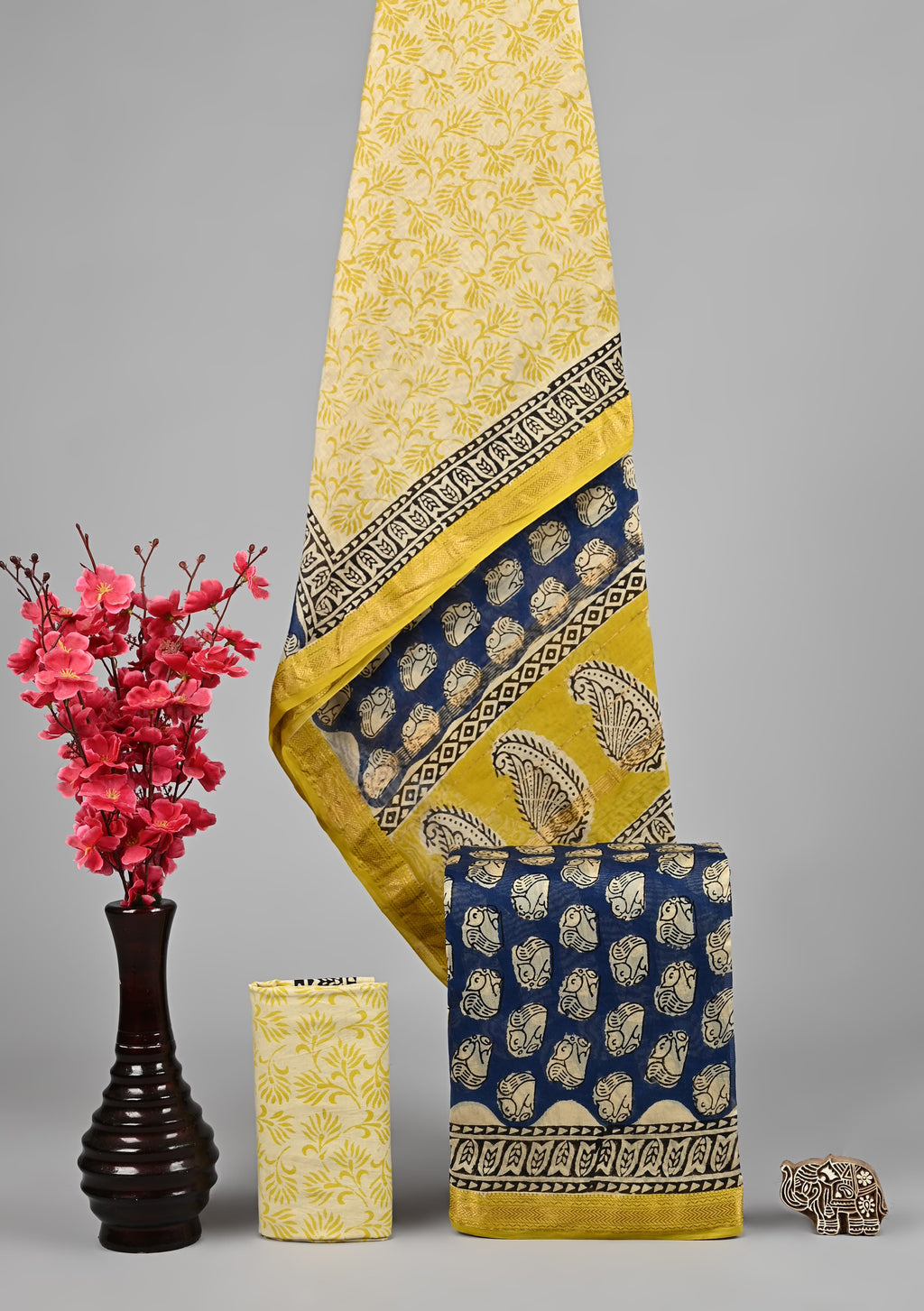 Handblock Printed Pure Kota Doria yellow Suit Set with Cotton Pajama
