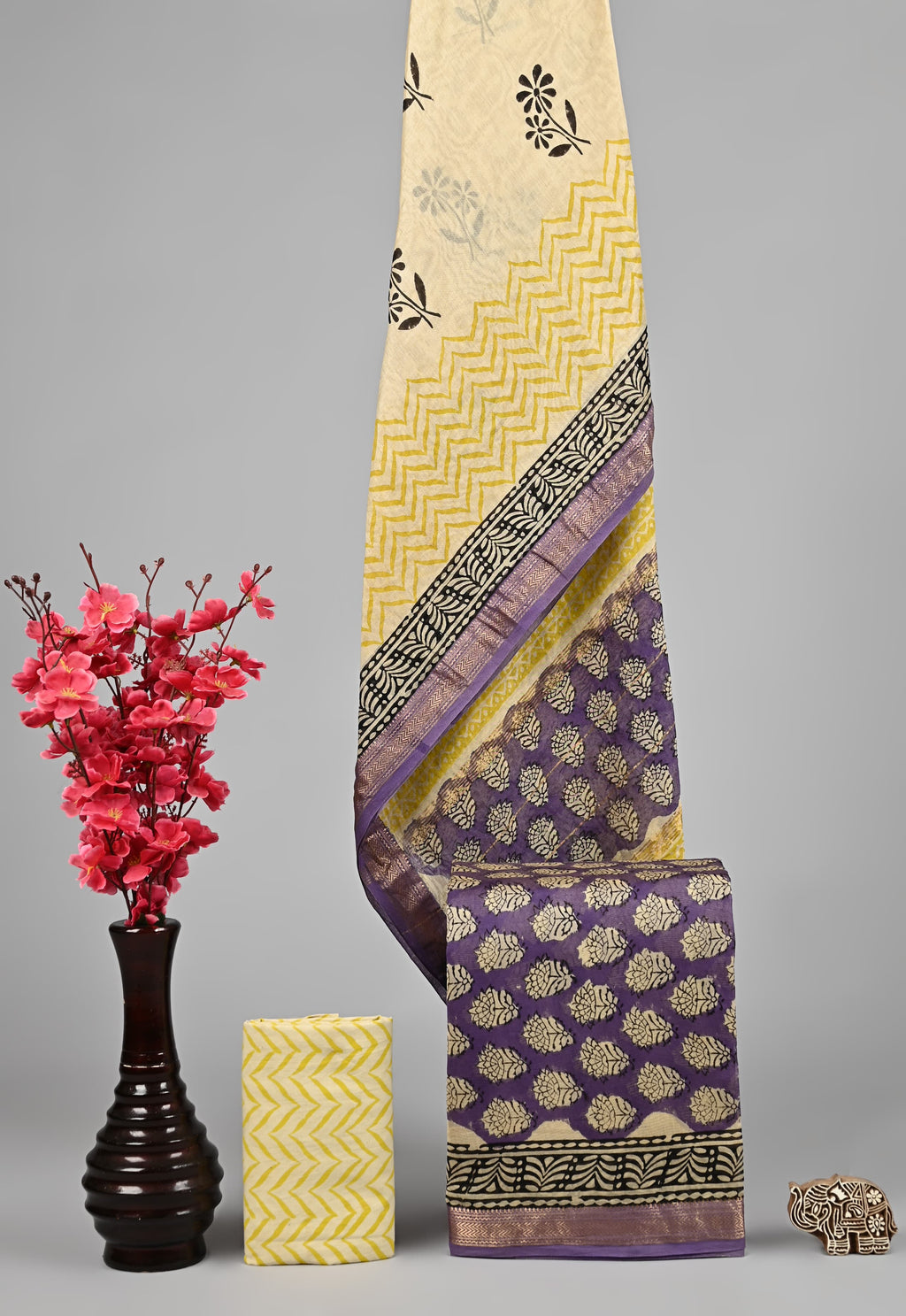 Handblock Printed Pure Kota Doria yellow Suit Set with Cotton Pajama