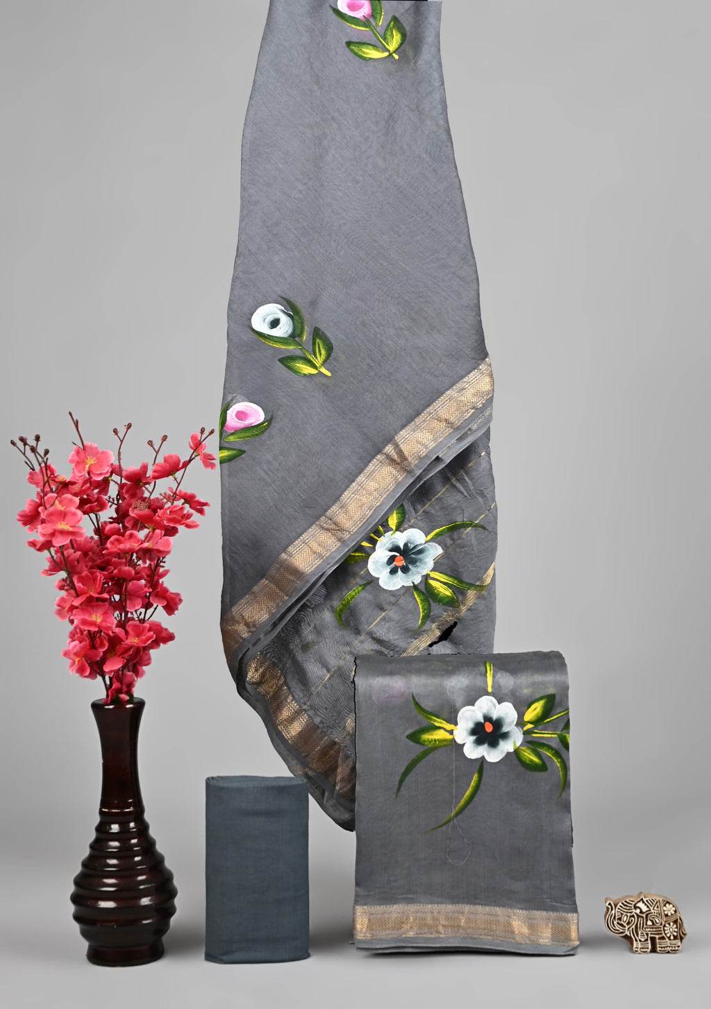 Handblock Printed Pure Kota Doria grey Suit Set with Cotton Pajama