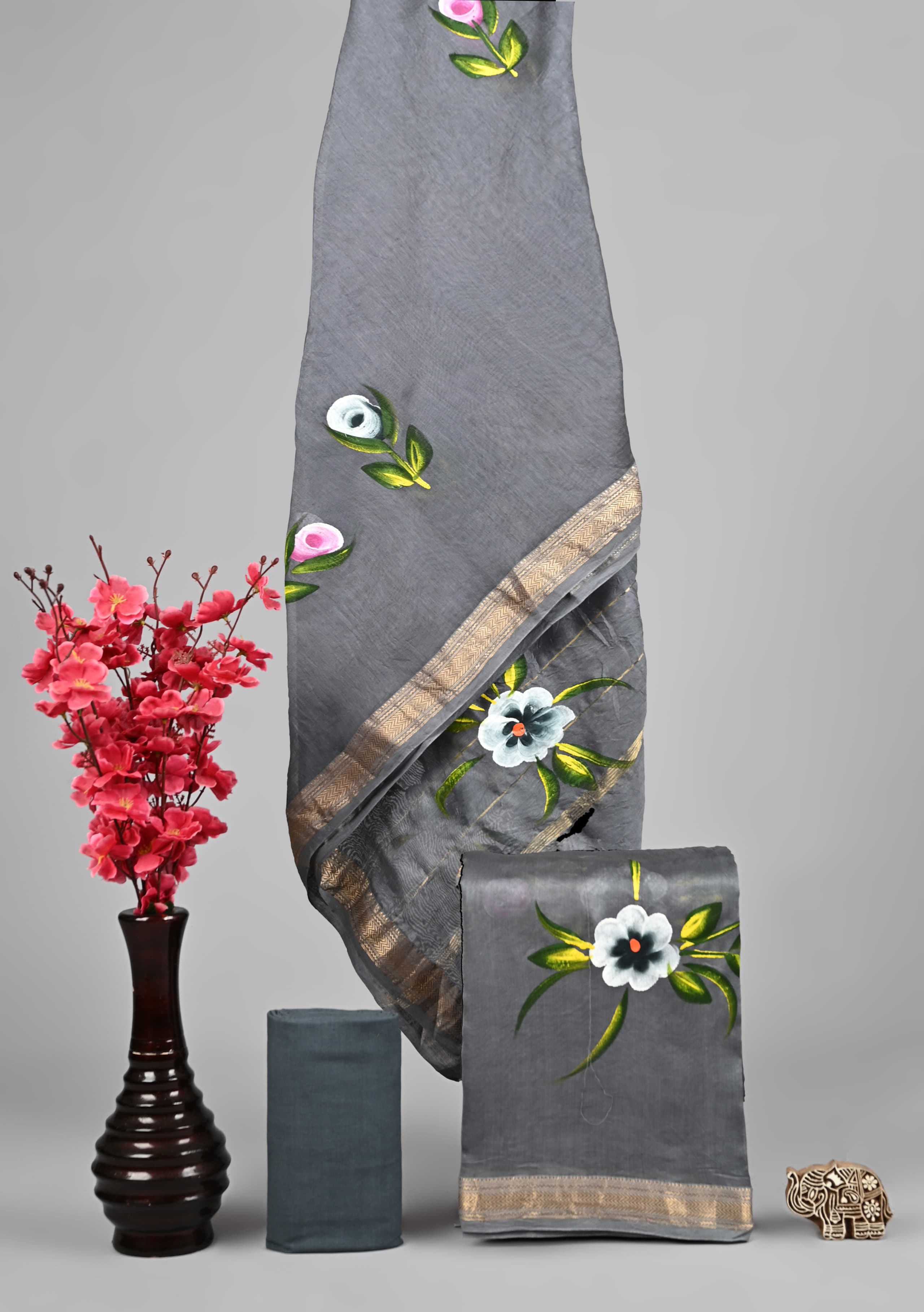 Handblock Printed Pure Kota Doria grey Suit Set with Cotton Pajama