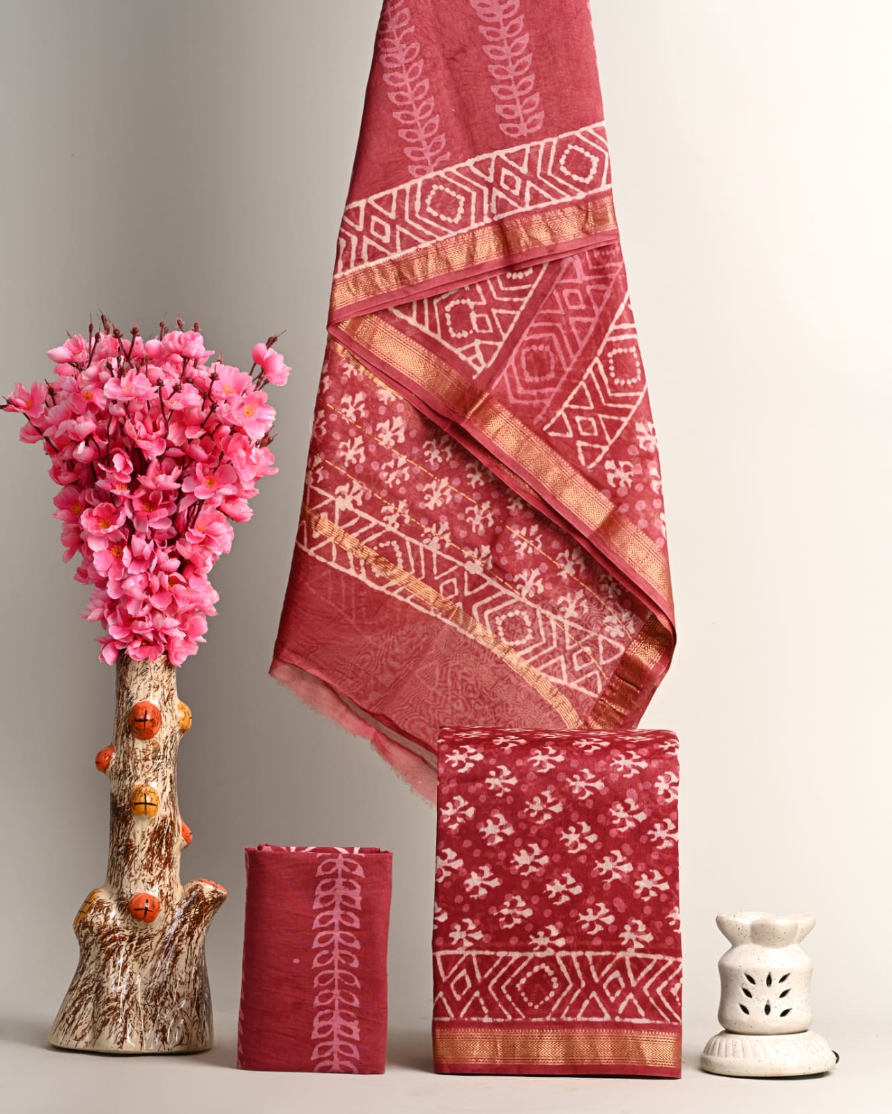 Handblock Printed Pure Kota Doria red Suit Set with Cotton Pajama