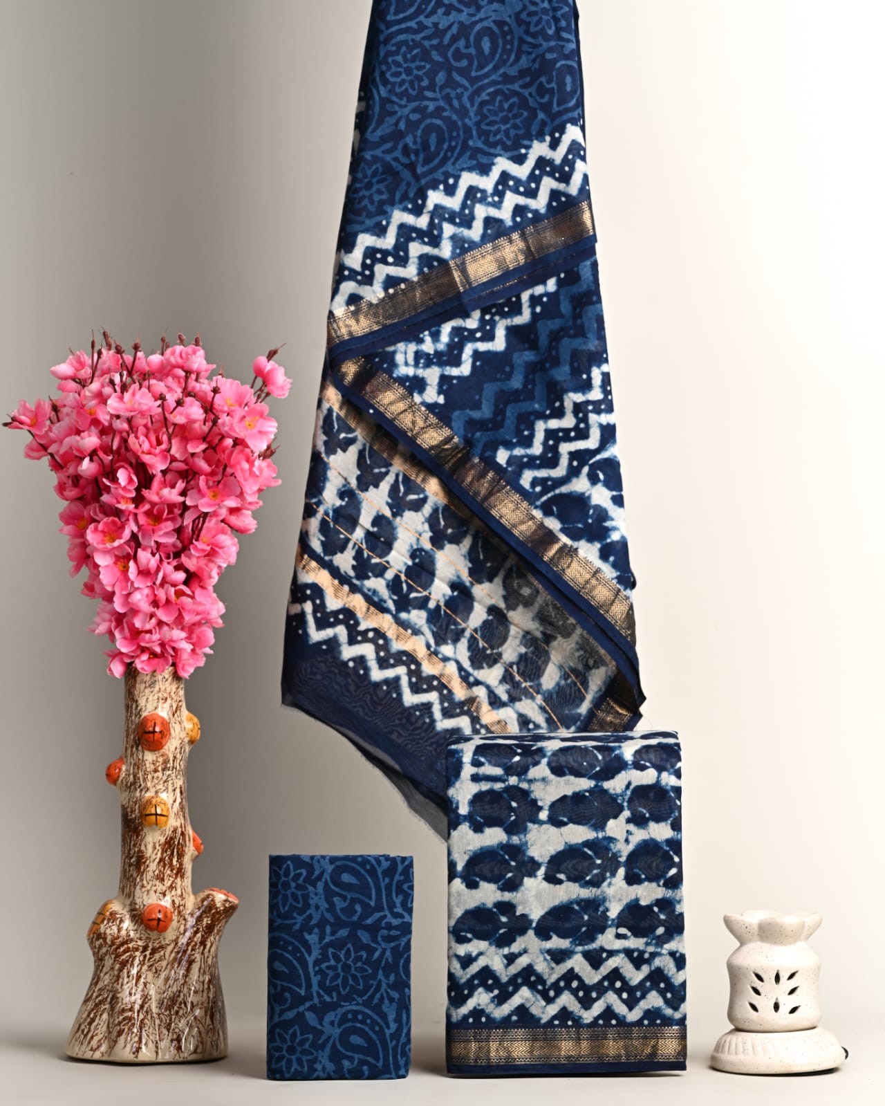 Handblock Printed Pure Kota Doria blue Suit Set with Cotton Pajama