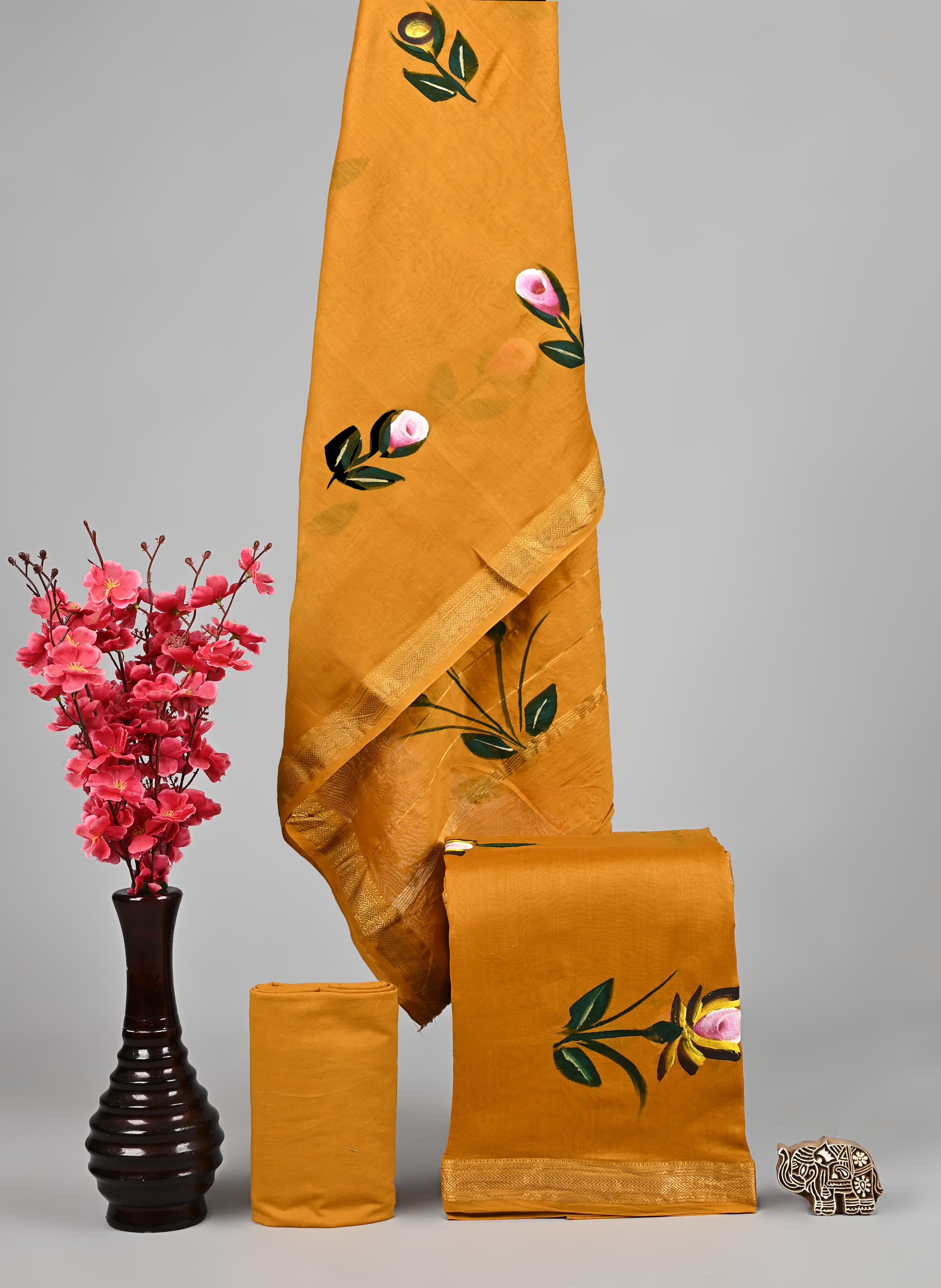 Handblock Printed Pure Kota Doria yellow Suit Set with Cotton Pajama