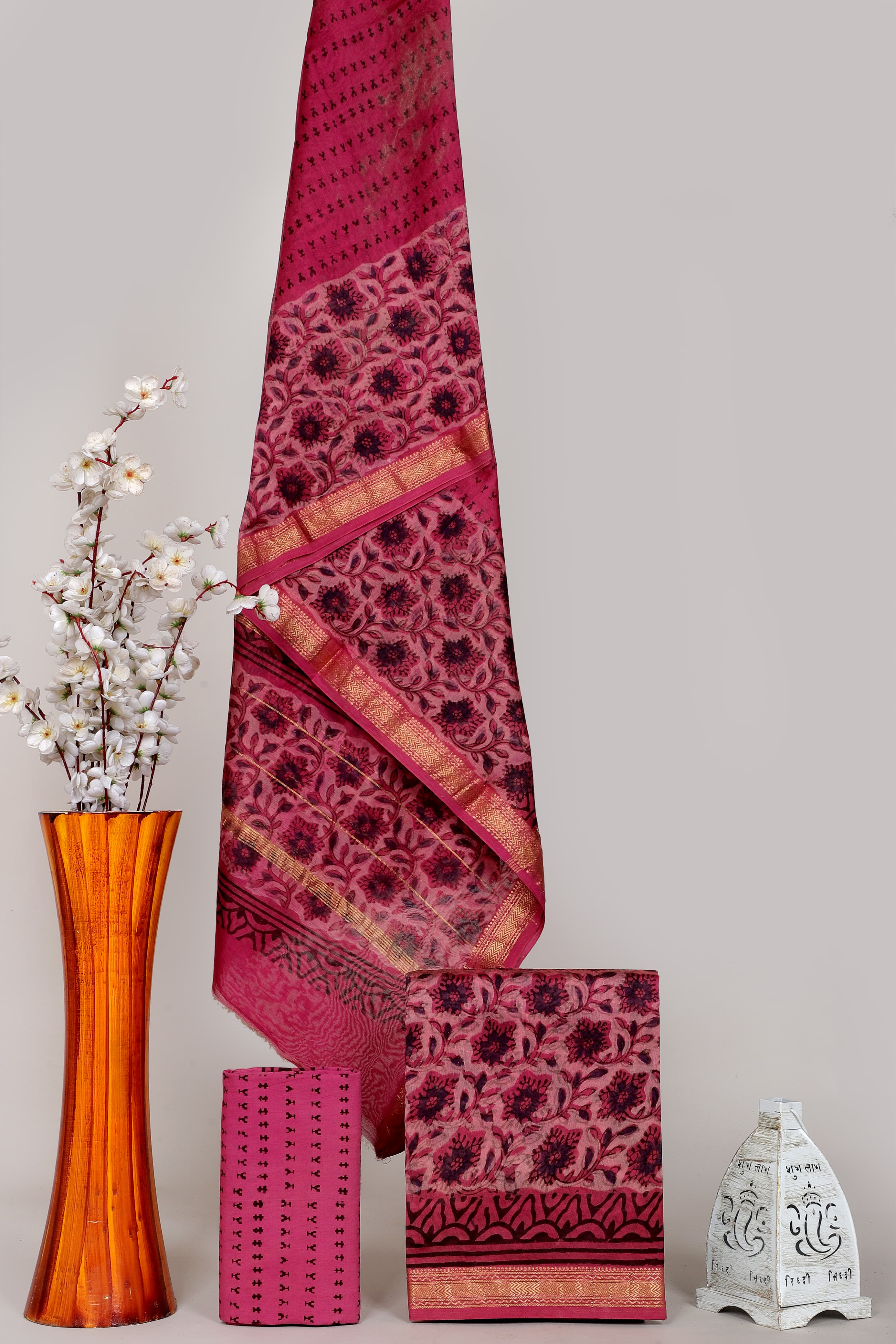 Handblock Printed Pure Kota Doria red Suit Set with Cotton Pajama