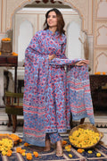 Hand Block Printed Maheshwari Silk Zari Border Suit Set-purple