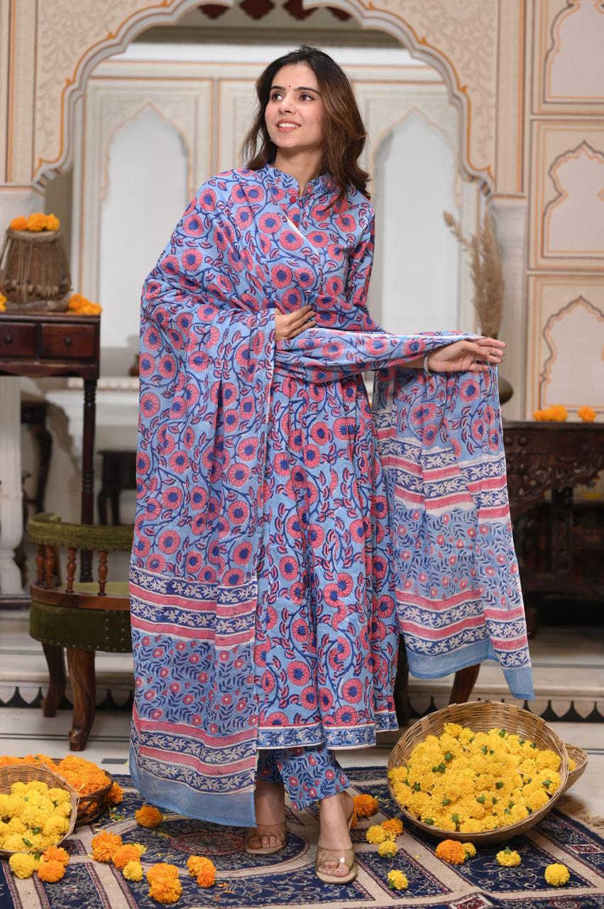 Hand Block Printed Maheshwari Silk Zari Border Suit Set-purple