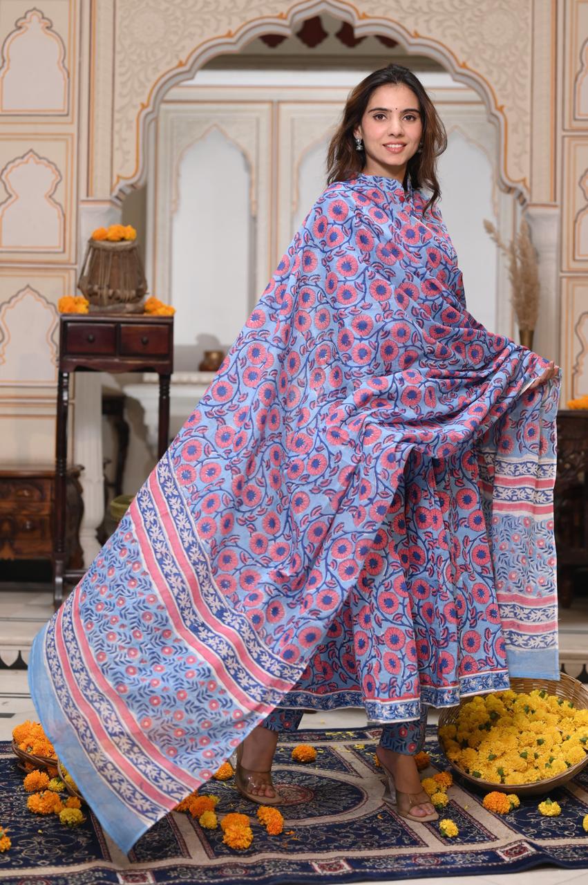 Hand Block Printed Maheshwari Silk Zari Border Suit Set-purple