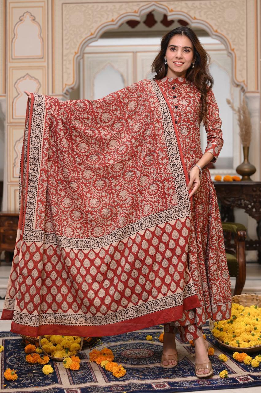Hand Block Printed Maheshwari Silk Zari Border Suit Set-MAROON