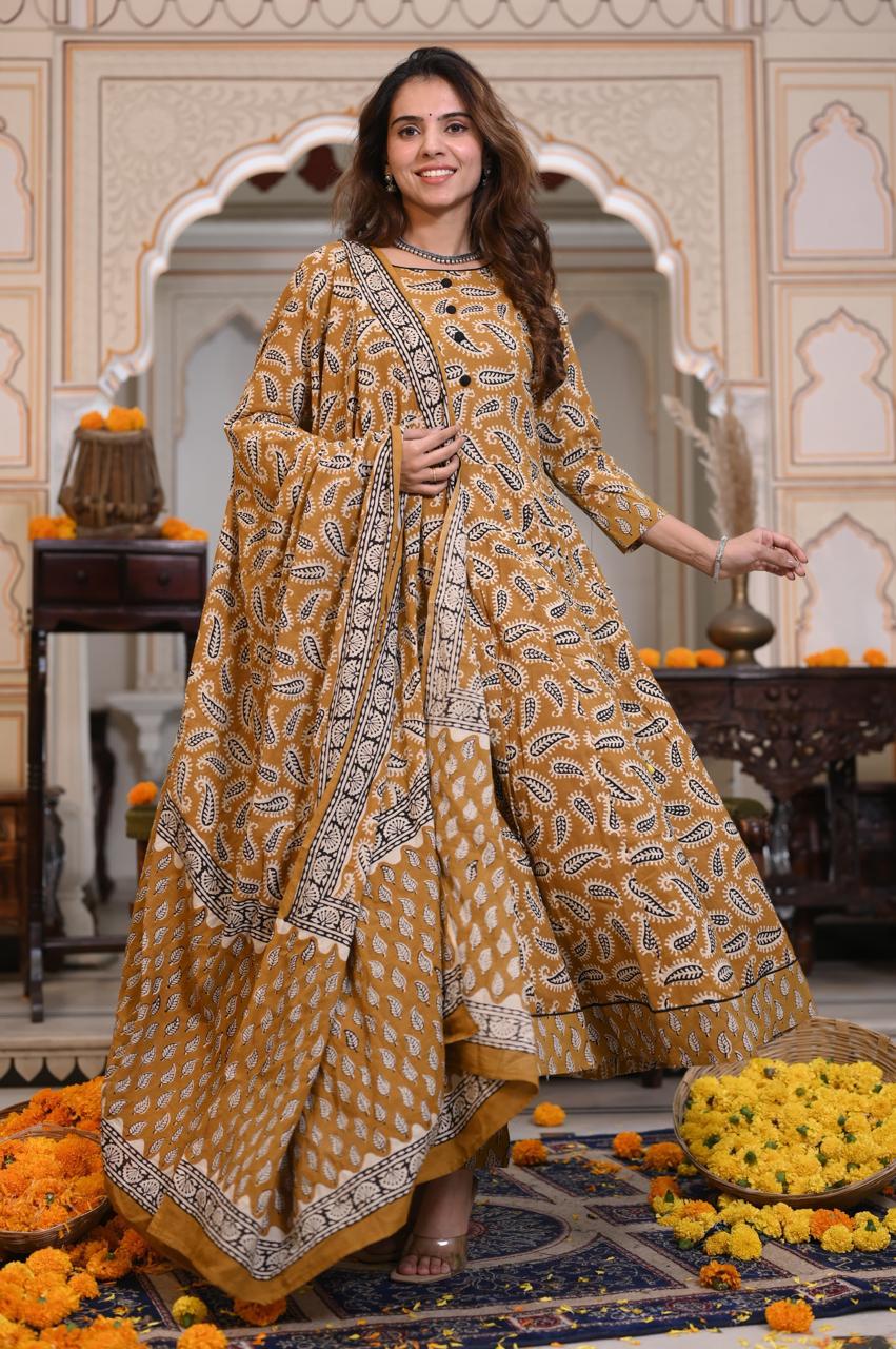 Hand Block Printed Maheshwari Silk Zari Border Suit Set-yellow