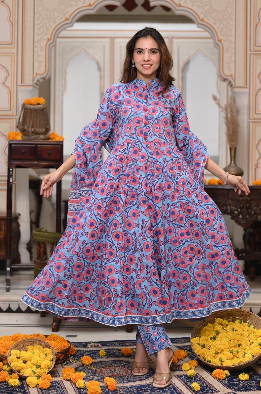 Hand Block Printed Maheshwari Silk Zari Border Suit Set-purple