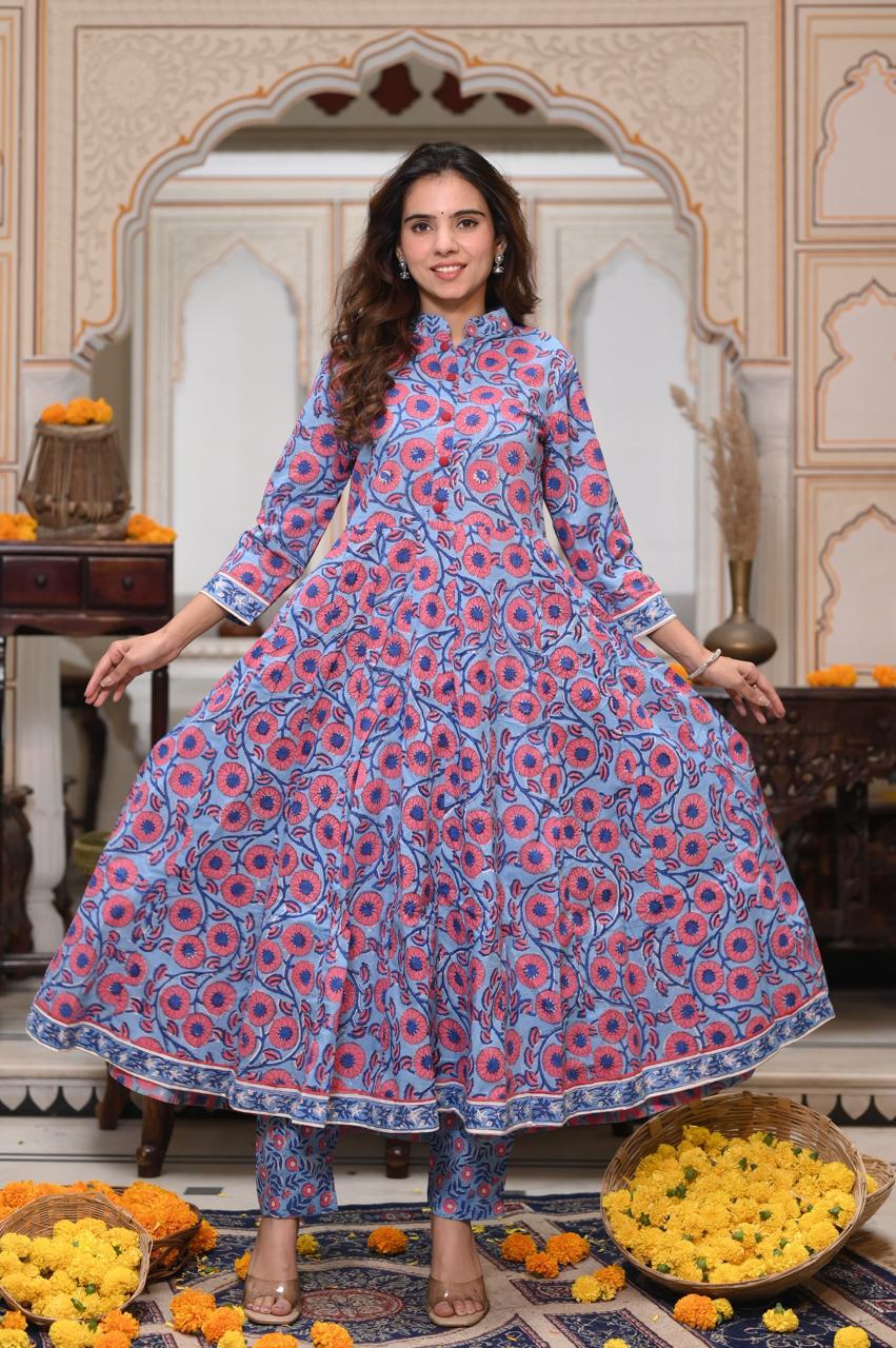 Hand Block Printed Maheshwari Silk Zari Border Suit Set-purple